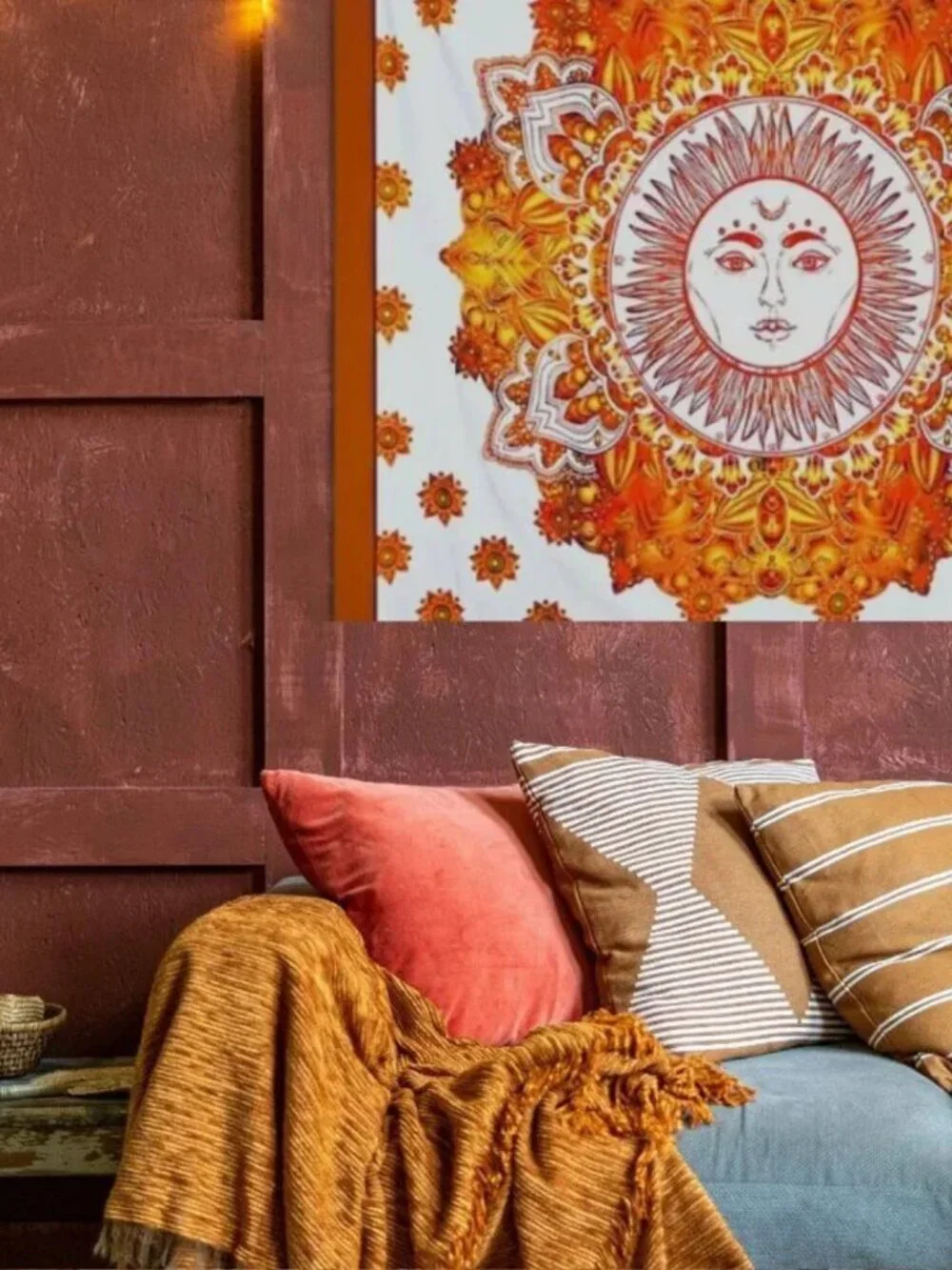 BRAND NEW Queen Size Large COTTON Cosmic Sun Stars Orange Gold Boho Tapestry